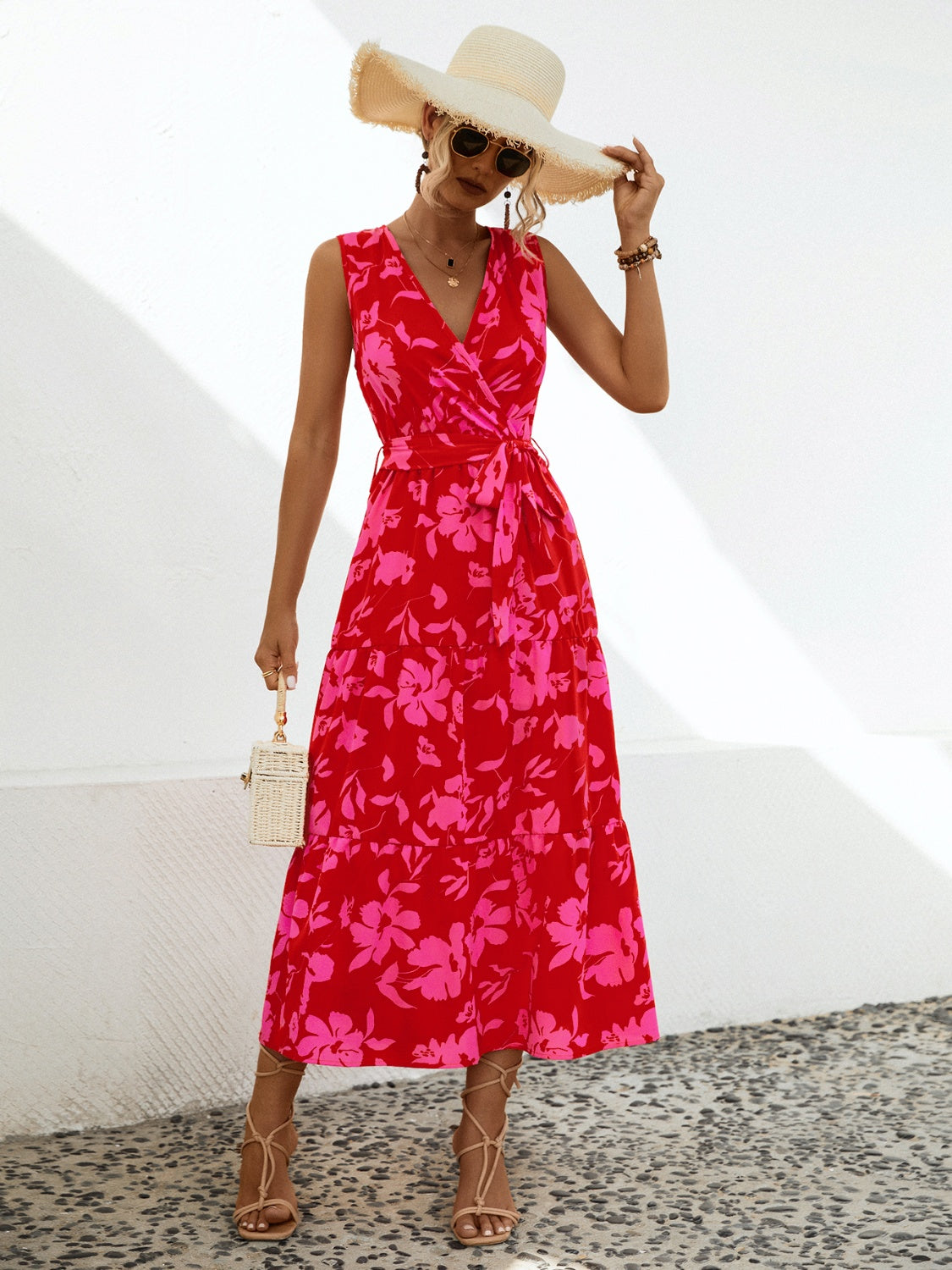 Tied Printed Surplice Tiered Dress - Design Studios Direct