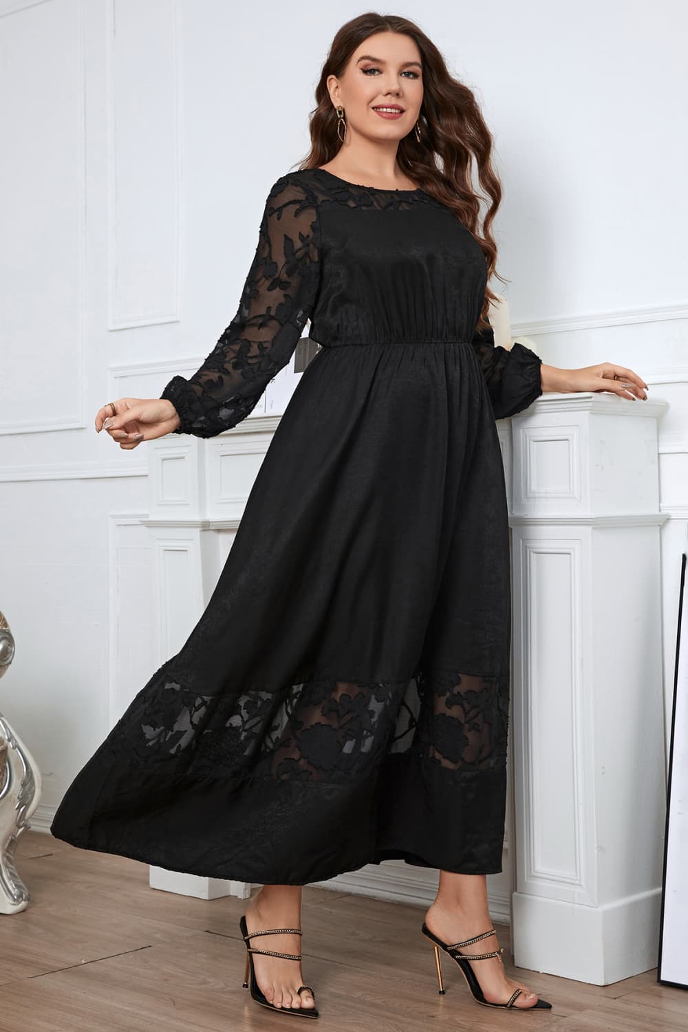 Honey Melo Apparel Plus Size Embroidery Round Neck Long Sleeve Maxi Dress - Design Studios Direct