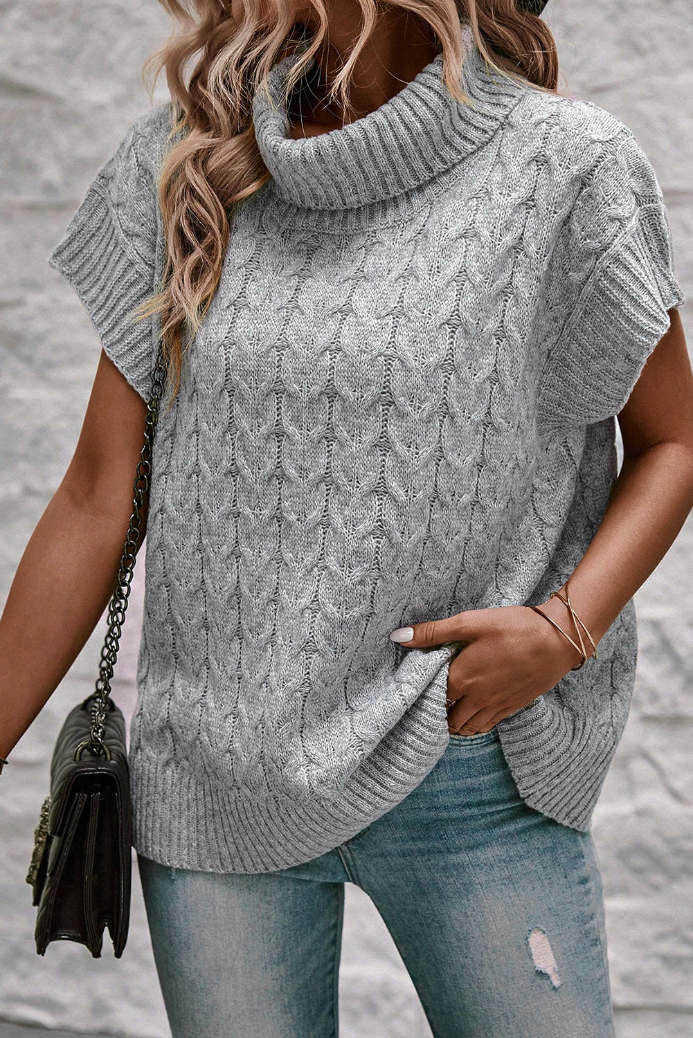 Grey Cable Knit Turtleneck Batwing Sleeve Sweater - Design Studios Direct