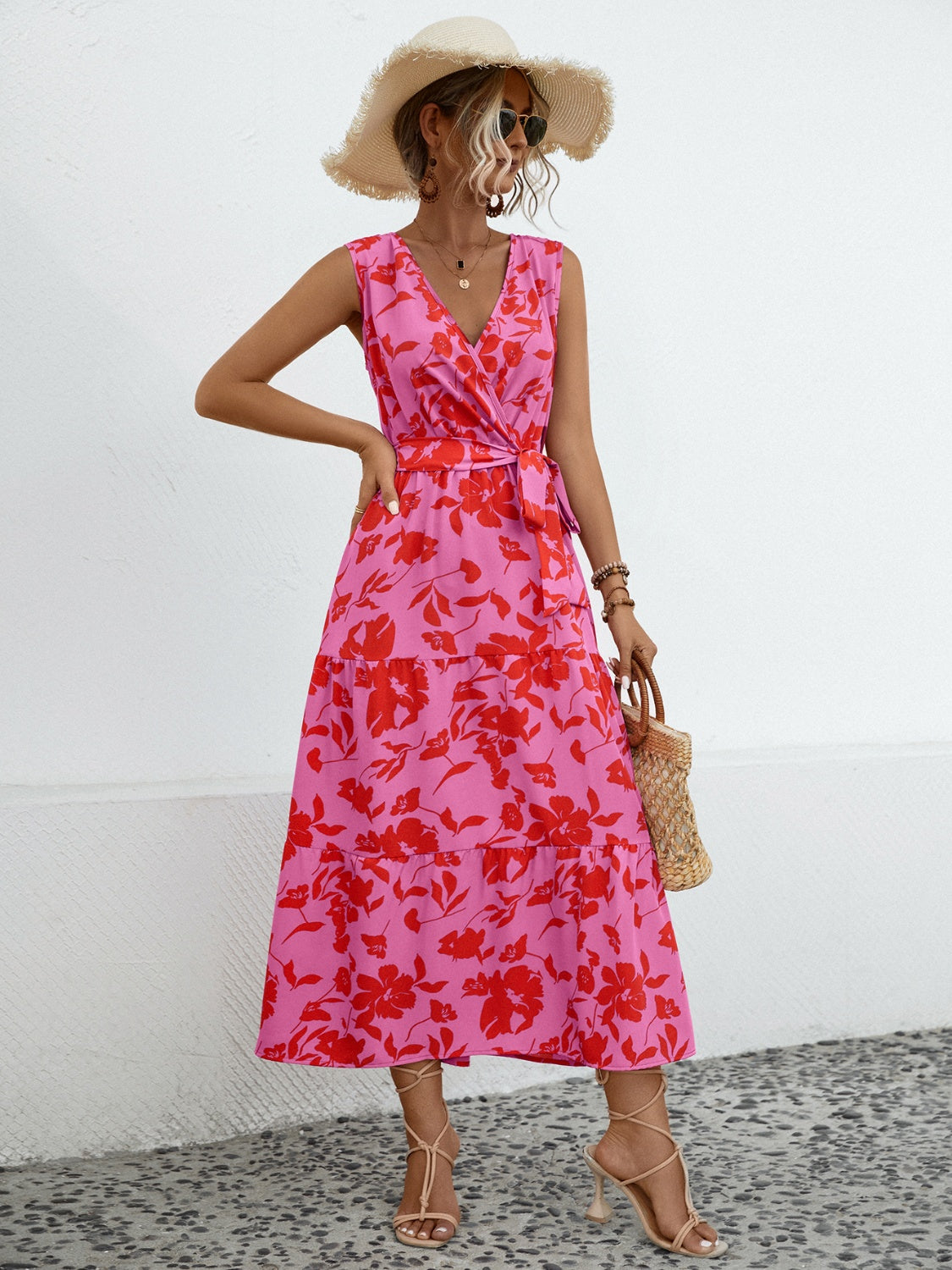 Tied Printed Surplice Tiered Dress - Design Studios Direct