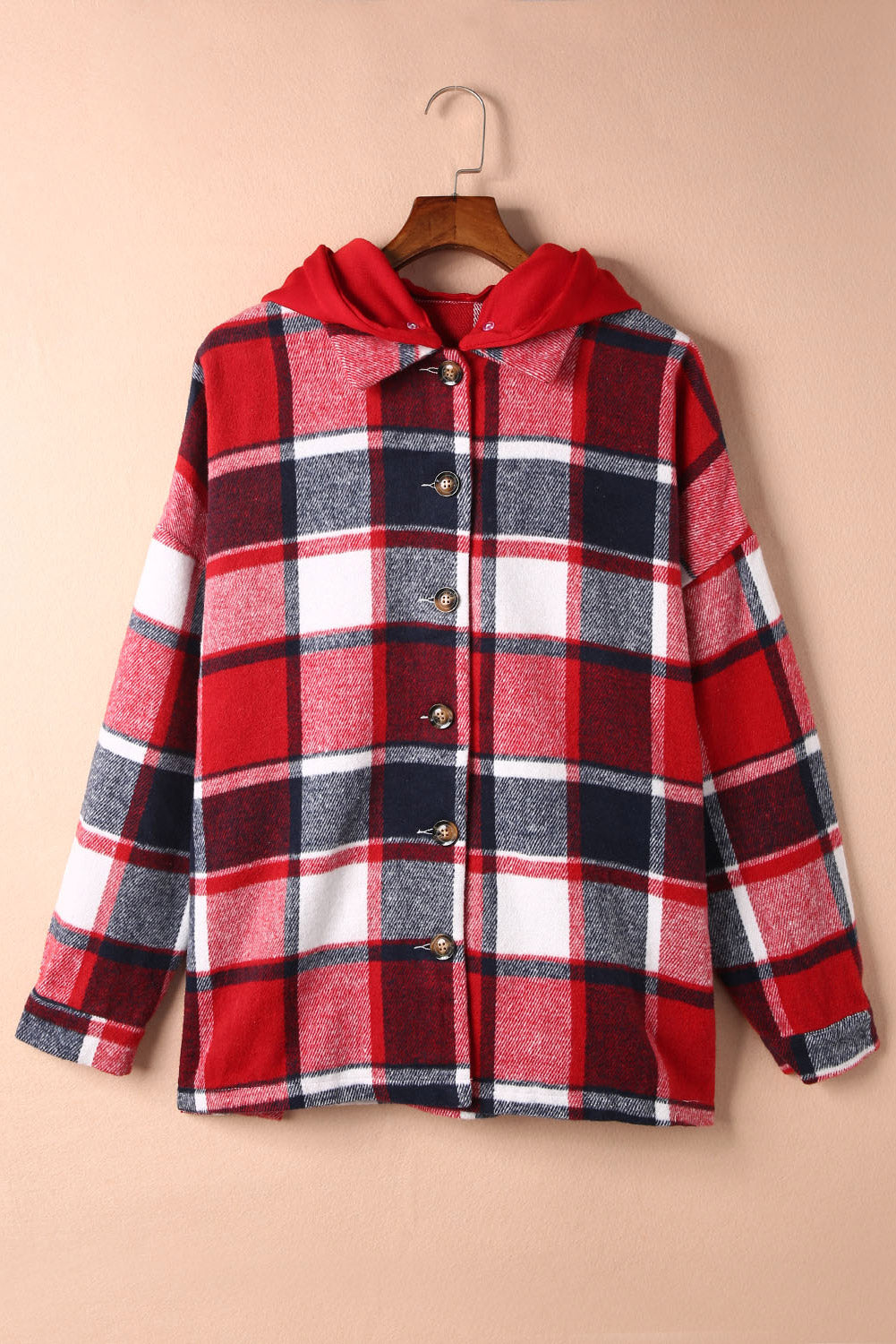 Fiery Red Hooded Plaid Button Front Shacket - Design Studios Direct