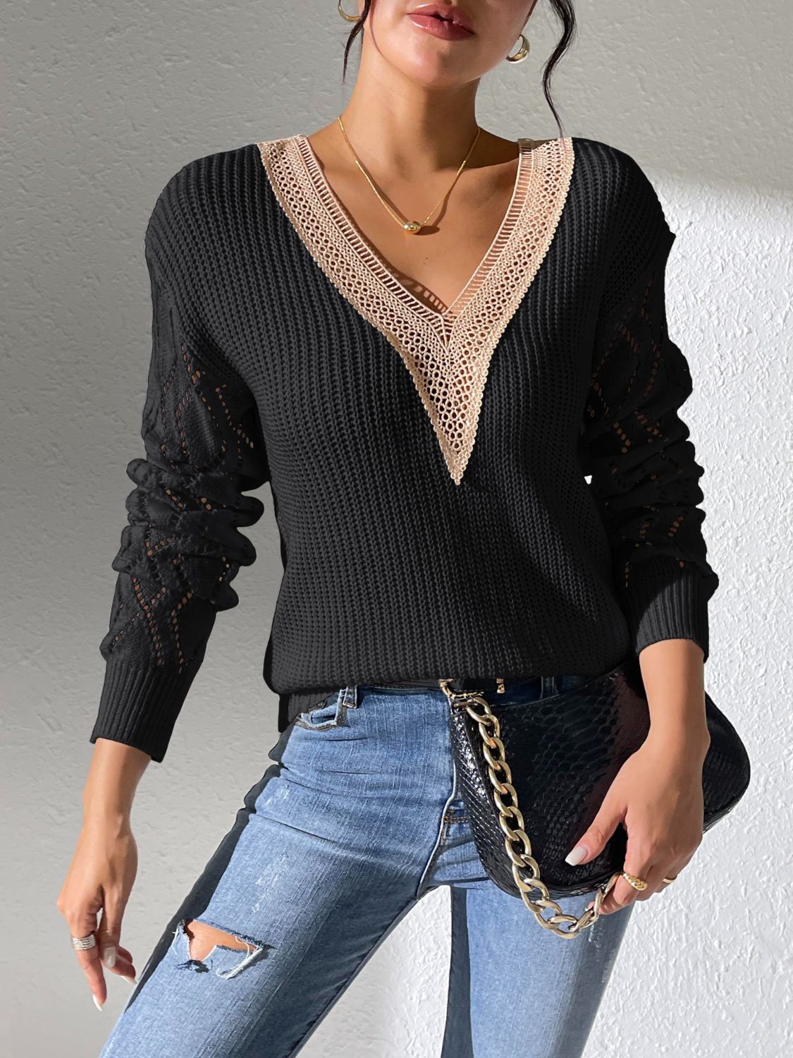 Openwork V-Neck Long Sleeve Sweater - Design Studios Direct