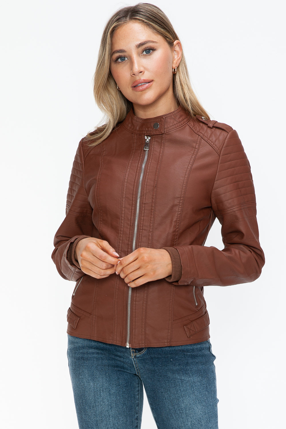 Snobbish PU Leather Biker Jacket with Side Zip Pockets - Design Studios Direct