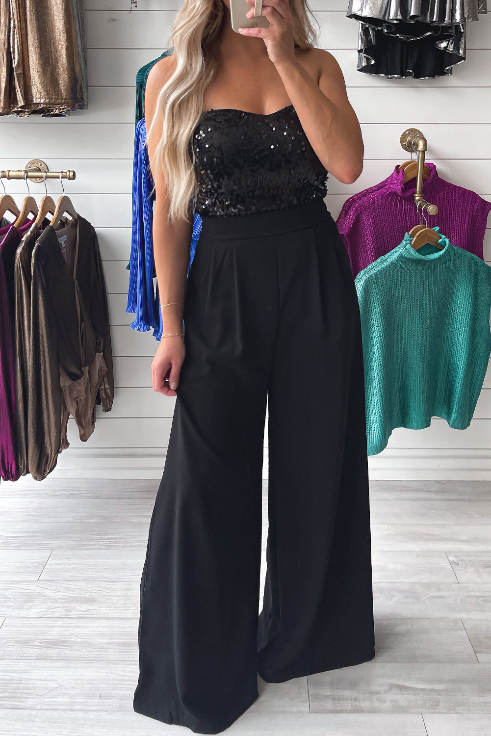 Black Sequin Tube Top Wide Leg Jumpsuit - Design Studios Direct