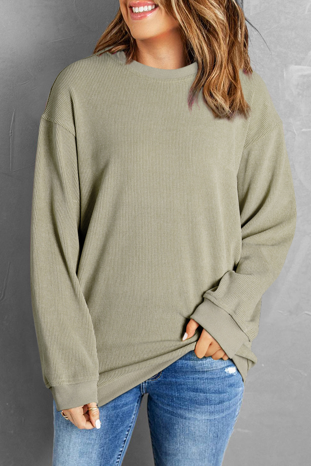 Green Solid Ribbed Knit Round Neck Pullover Sweatshirt - Design Studios Direct