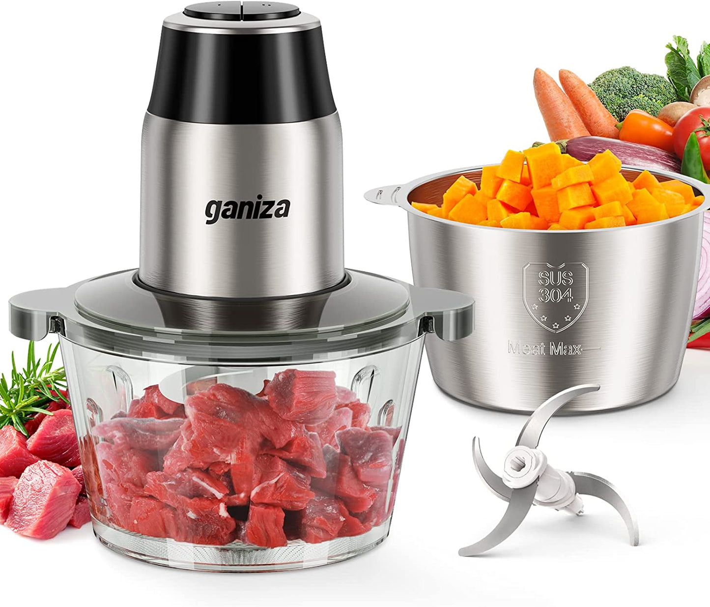 Food Processors, Electric Food Chopper with Meat Grinder & Vegetable Chopper - 2 Bowls (8 Cup+8 Cup) with Powerful 450W Copper Motor - Includes 2 Sets of Bi-Level Blades for Fruits/Meat/Nuts