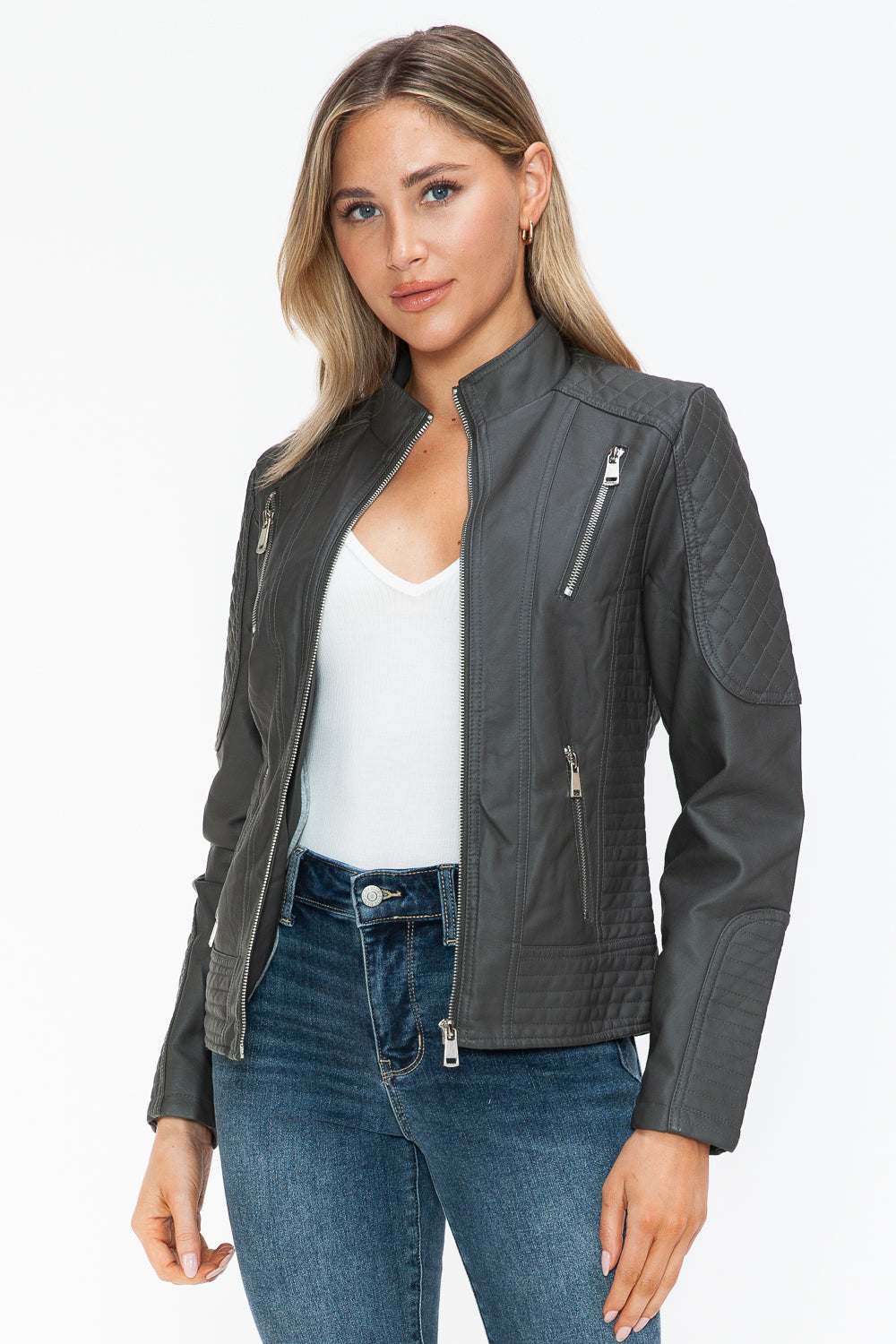 Snobbish Faux Leather Zip Up Mock Neck Jacket - Design Studios Direct