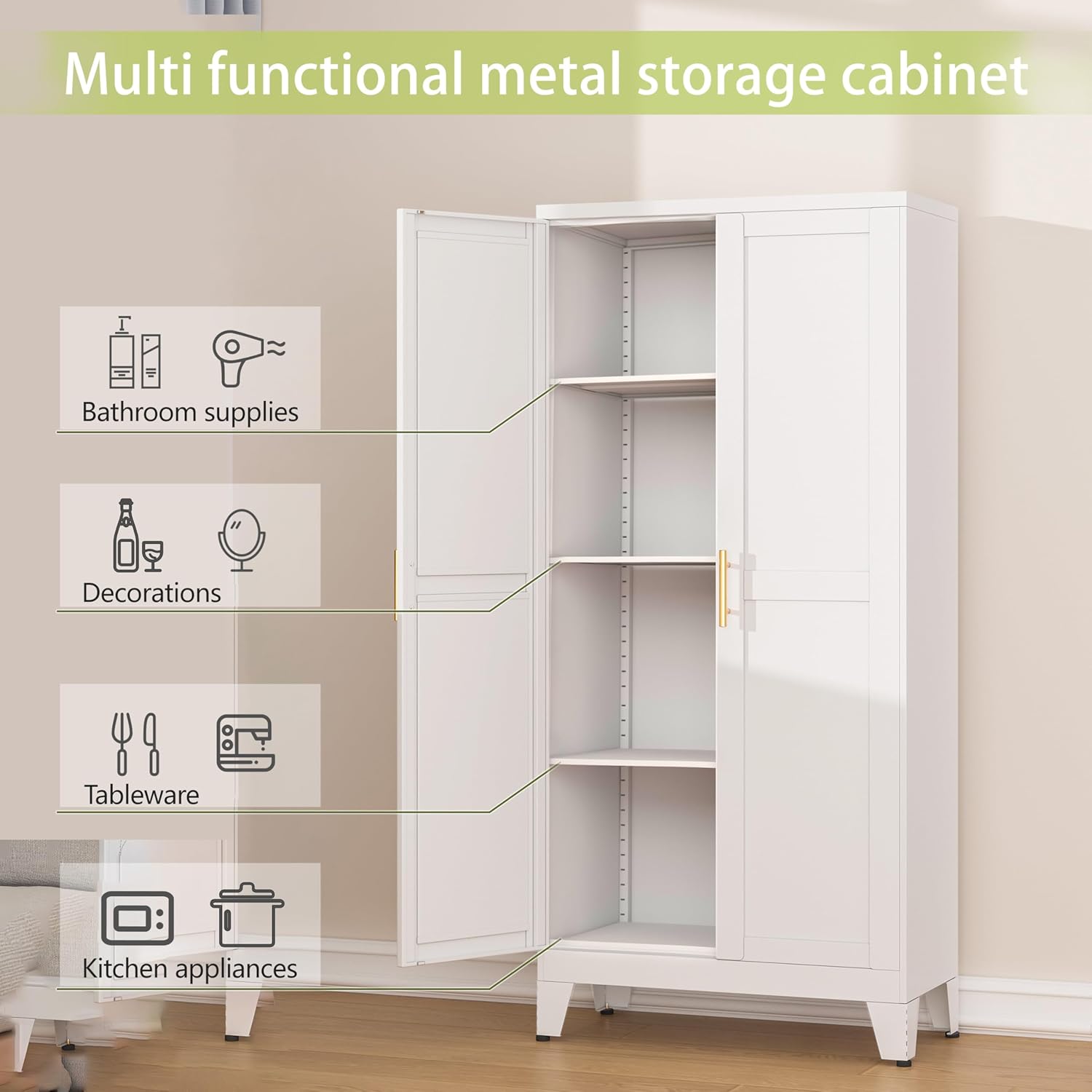 Metal Pantry Cabinet, Kitchen Pantry Storage Cabinets with 2 Door and 3 Adjustable Shelves, White Kitchen Pantry Cabinet, Freestanding Cupboard for Kitchen Dining Room Living Room Bathroom