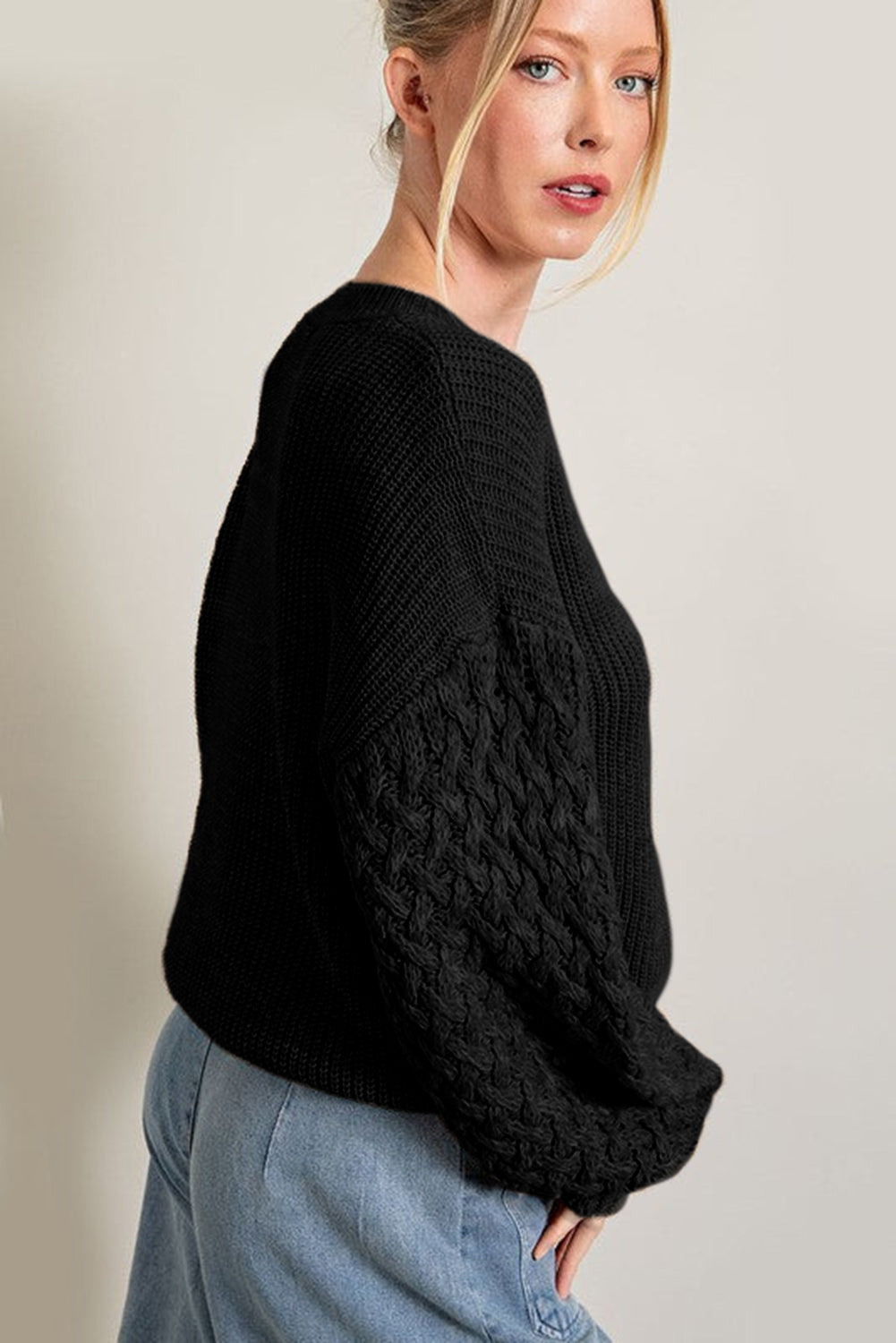 Black Cable Knit Sleeve Drop Shoulder Sweater - Design Studios Direct