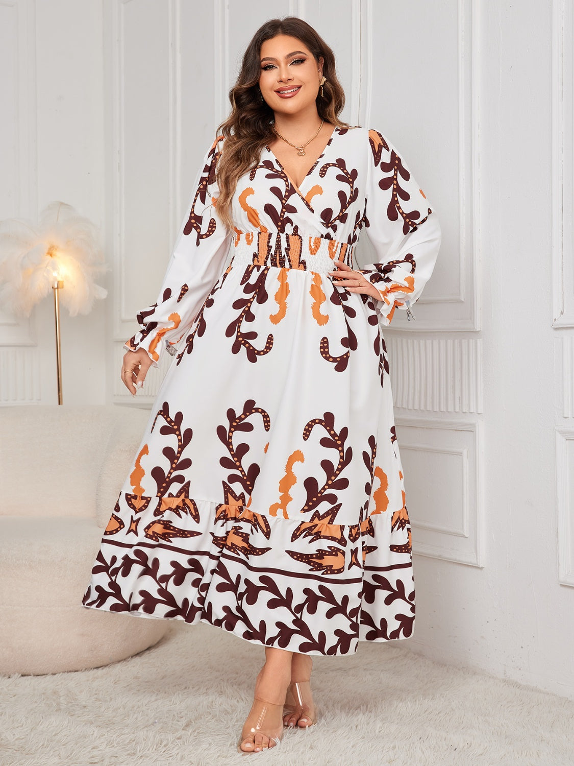 Honey Plus Size Printed Surplice Flounce Sleeve Dress - Design Studios Direct