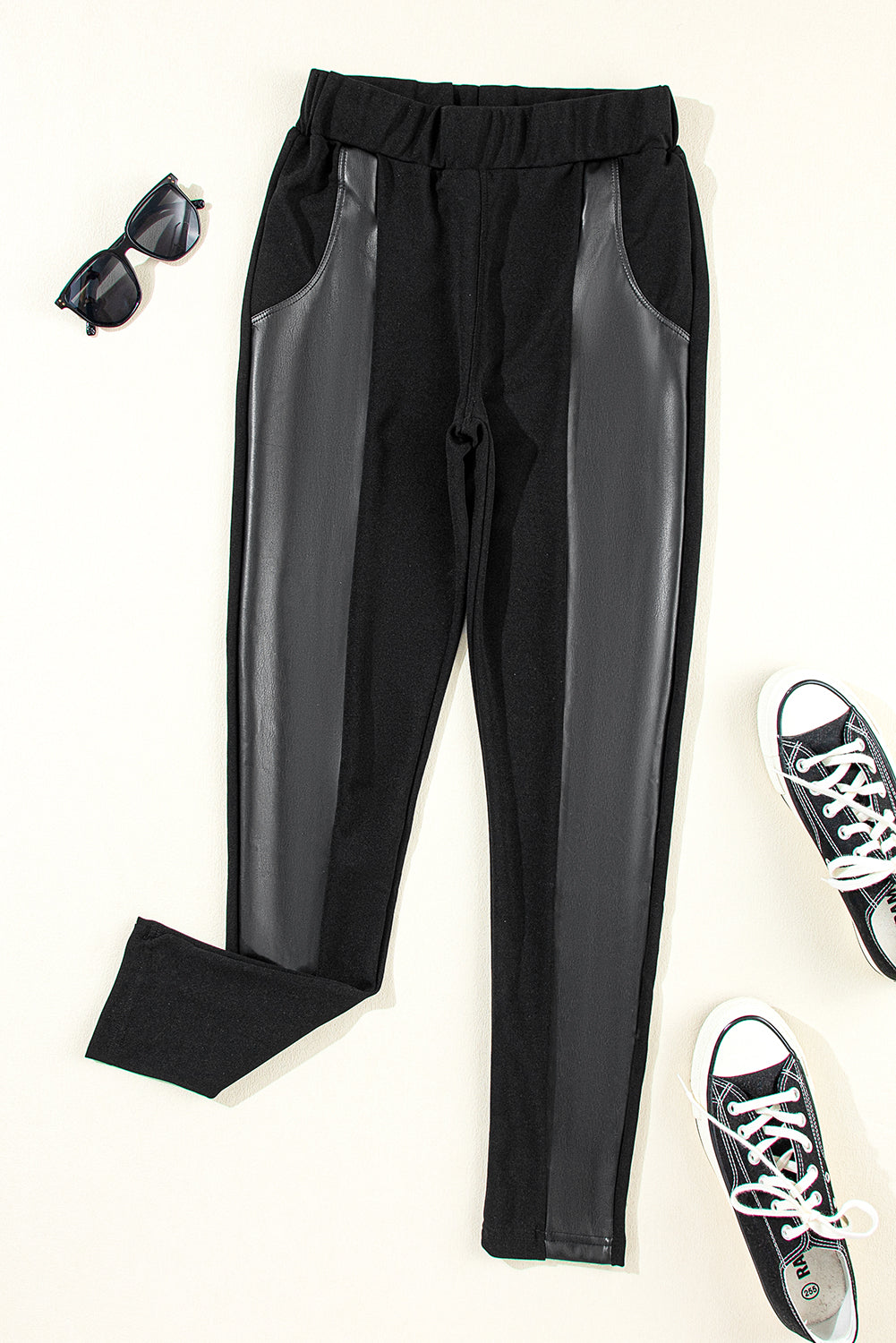 Black Leather Panel Patchwork High Waist Leggings - Design Studios Direct