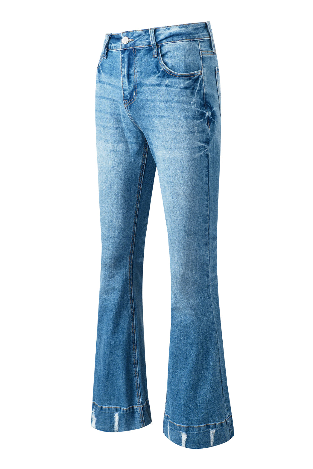 Sky Blue Slight Distressed Medium Wash Flare Jeans - Design Studios Direct