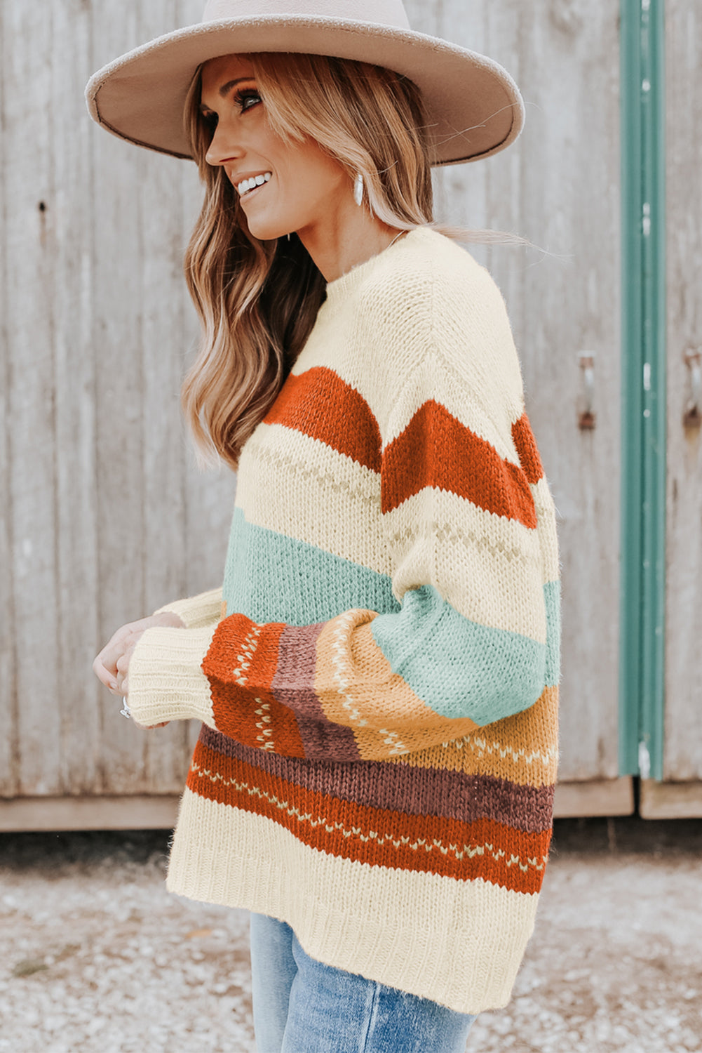 Crew Neck Drop-shoulder Striped Color Block Sweater - Design Studios Direct