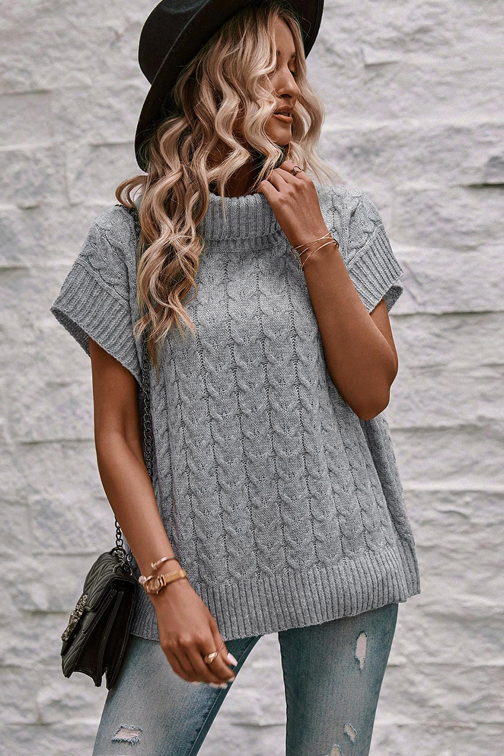 Grey Cable Knit Turtleneck Batwing Sleeve Sweater - Design Studios Direct