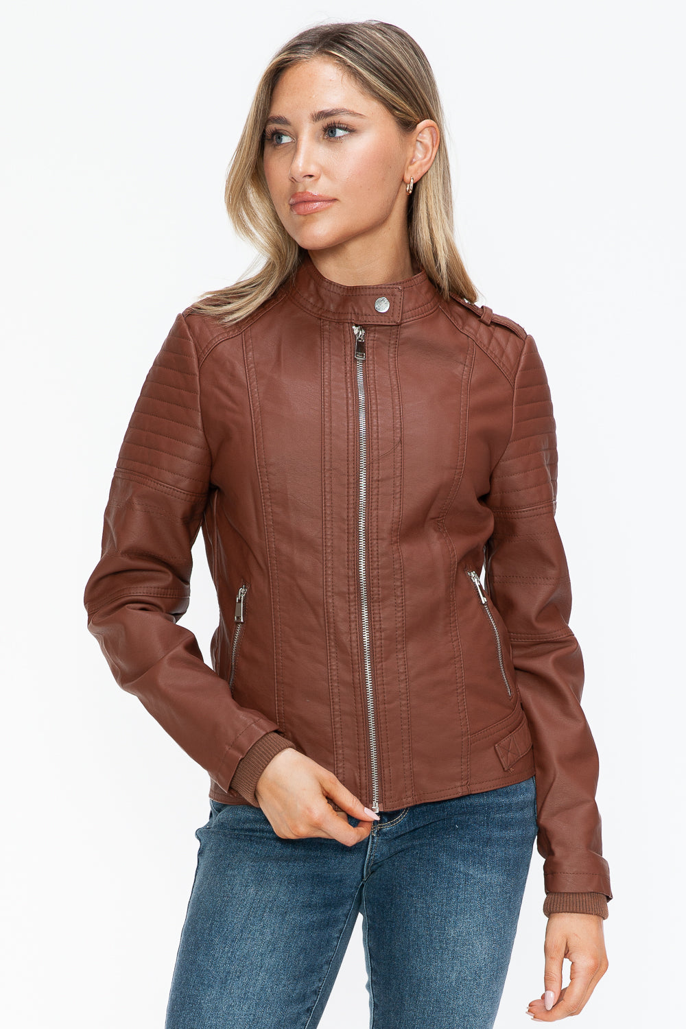 Snobbish PU Leather Biker Jacket with Side Zip Pockets - Design Studios Direct