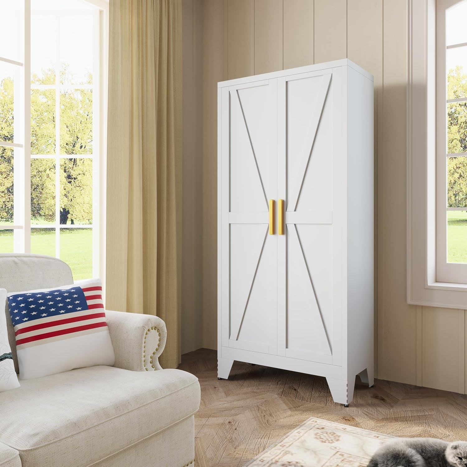 4 Tier Metal Farmhouse Storage Cabinet with 2 Barn Door, 3 Adjustable Shelves and Legs, for Dining Room, Kitchen,Pantry,Bathroom, Living Room, Office (White, 61" Farmhouse)