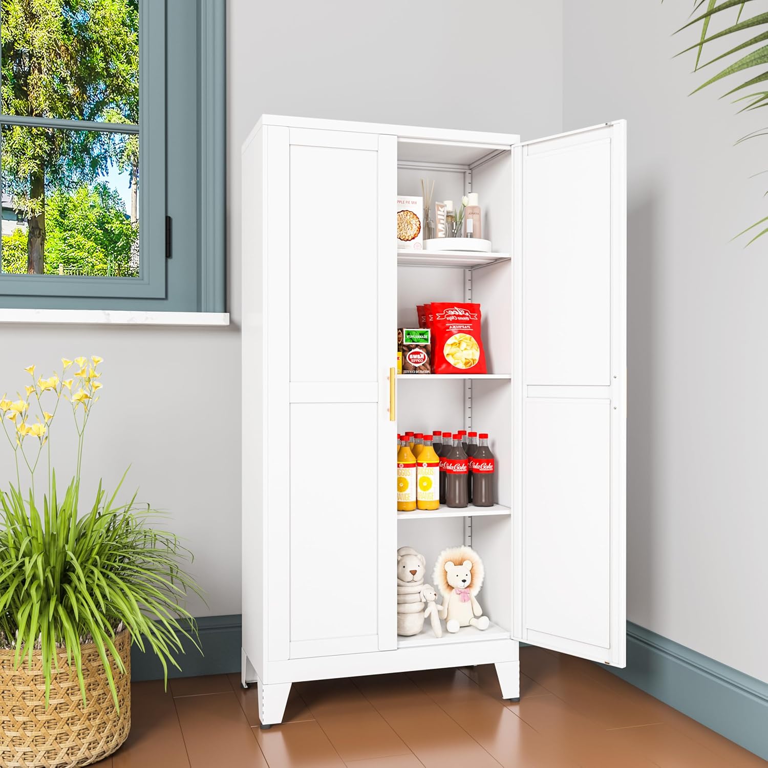 Metal Pantry Cabinet, Kitchen Pantry Storage Cabinets with 2 Door and 3 Adjustable Shelves, White Kitchen Pantry Cabinet, Freestanding Cupboard for Kitchen Dining Room Living Room Bathroom