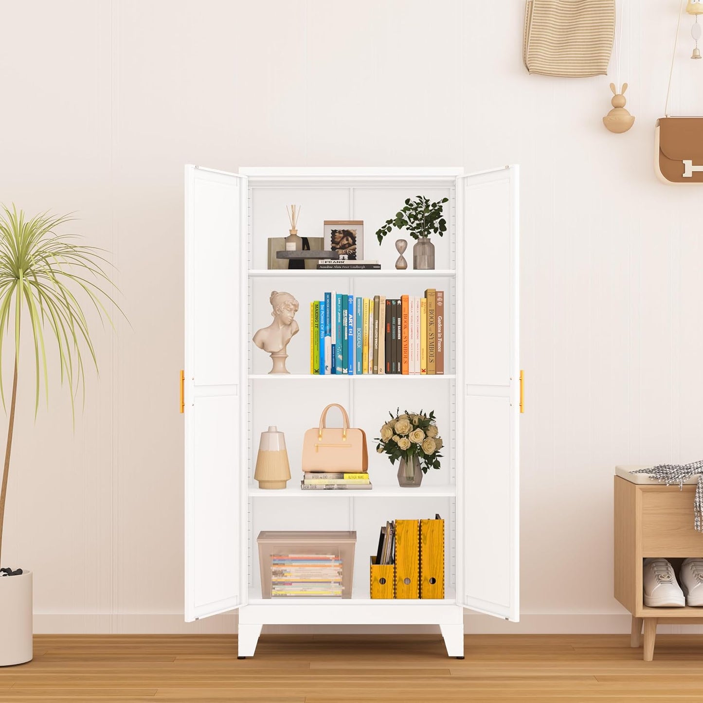 Metal Pantry Cabinet, Kitchen Pantry Storage Cabinets with 2 Door and 3 Adjustable Shelves, White Kitchen Pantry Cabinet, Freestanding Cupboard for Kitchen Dining Room Living Room Bathroom