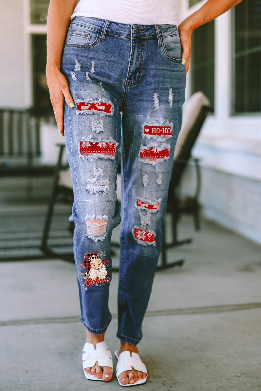 Santa Graphic Distressed Straight Jeans - Design Studios Direct