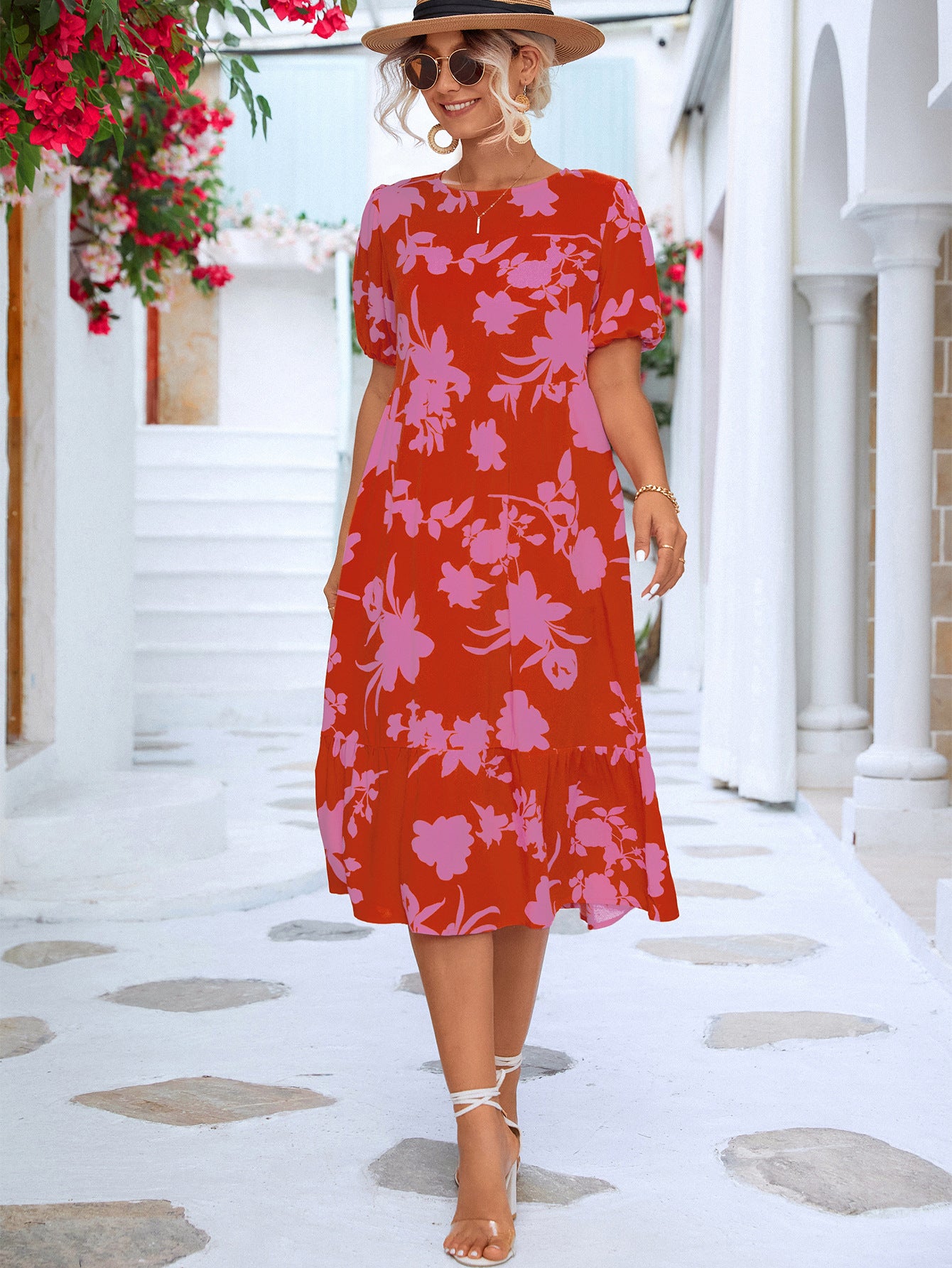 Floral Puff Sleeve Ruffle Hem Midi Dress - Design Studios Direct