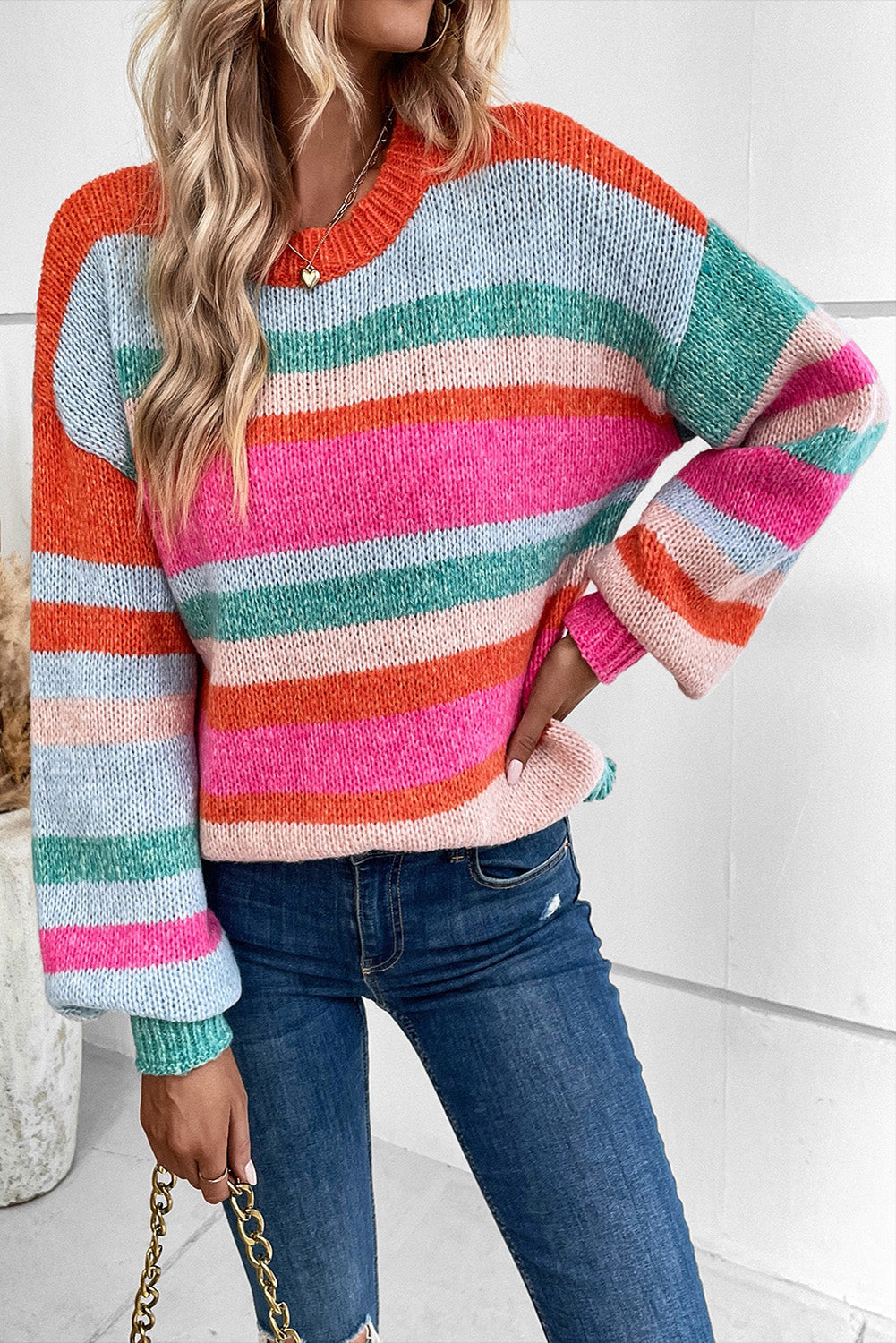 Multicolor Striped Knit Drop Shoulder Puff Sleeve Sweater - Design Studios Direct