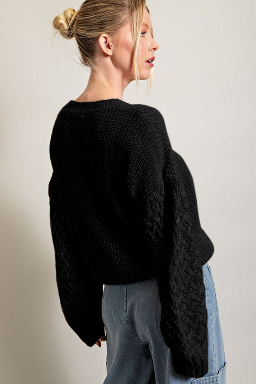 Black Cable Knit Sleeve Drop Shoulder Sweater - Design Studios Direct