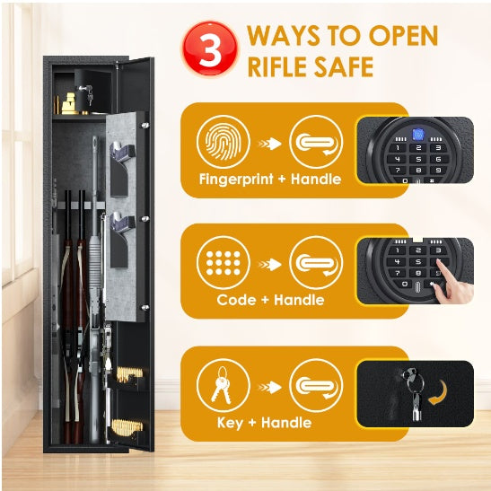 Firearm Safe With LED Lights And Alarm System, Biometric Fingerprint Rifle Safe Long Gun Cabinet With Removable Shelf - Design Studios Direct