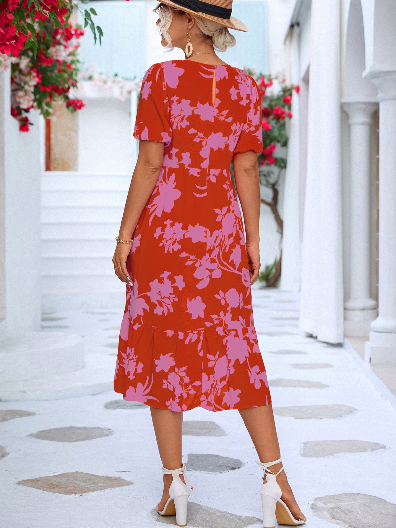 Floral Puff Sleeve Ruffle Hem Midi Dress - Design Studios Direct