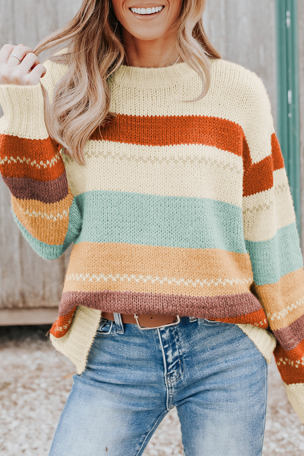 Crew Neck Drop-shoulder Striped Color Block Sweater - Design Studios Direct