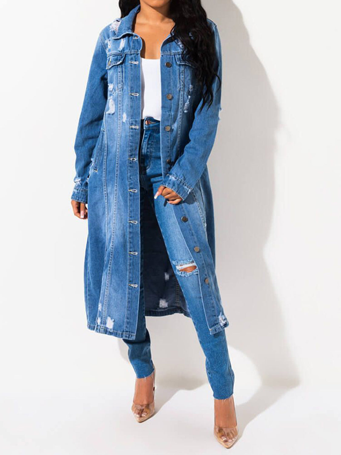 Long Sleeve Raw Hem Denim Jacket - Design Studios Direct