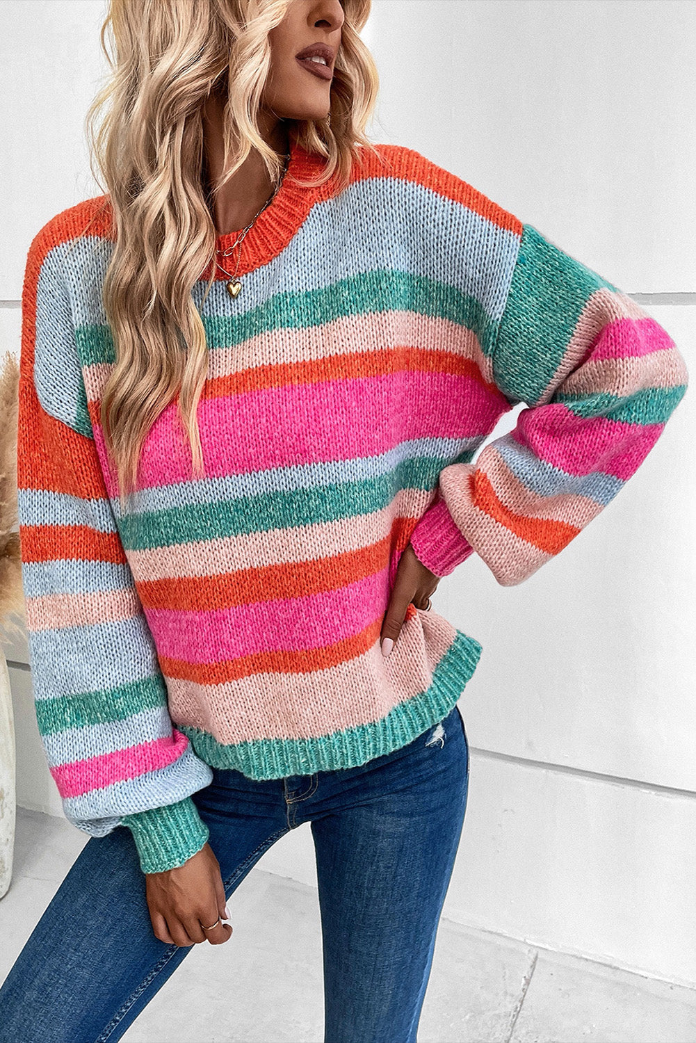 Multicolor Striped Knit Drop Shoulder Puff Sleeve Sweater - Design Studios Direct