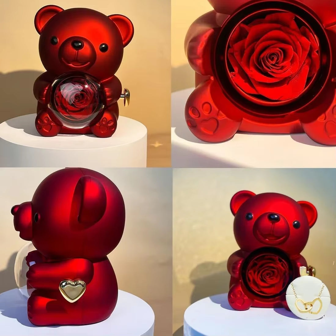 Eternal Rose Teddy Bear Gifts Box with Necklace Rotate Rose Jewelry Box Valentine Wedding Storage Gift Case for Women Girlfriend