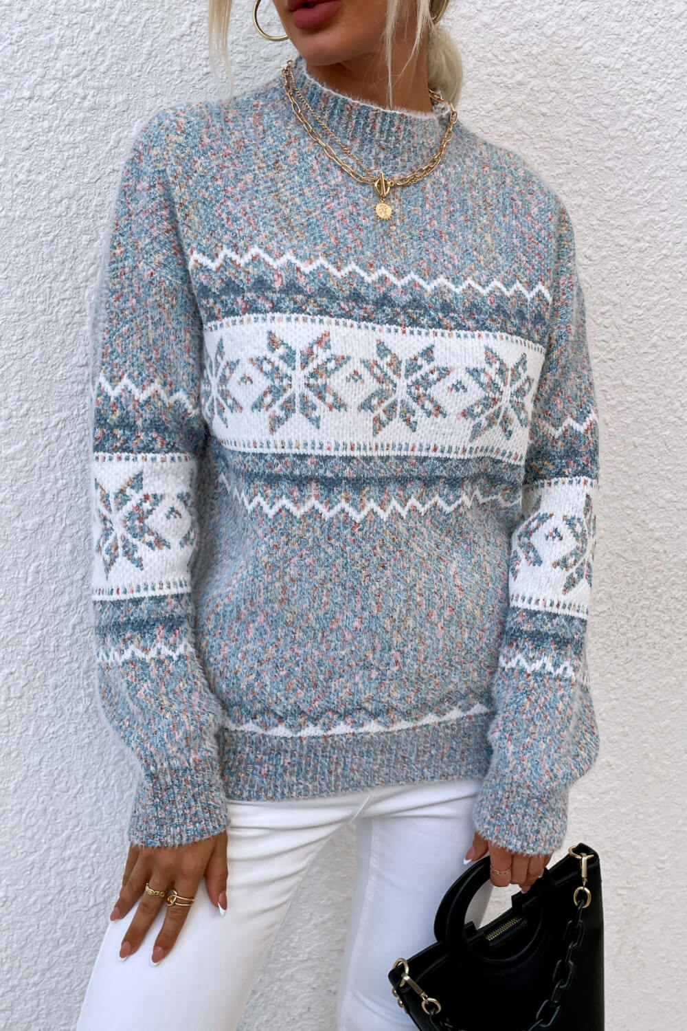 Snowflake Pattern Mock Neck Sweater - Design Studios Direct