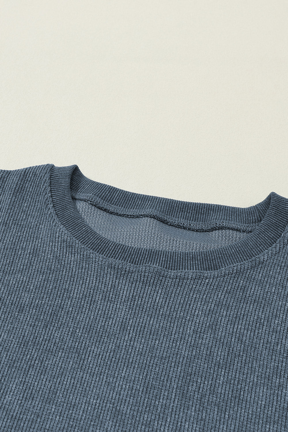 Blue Solid Ribbed Knit Round Neck Pullover Sweatshirt - Design Studios Direct