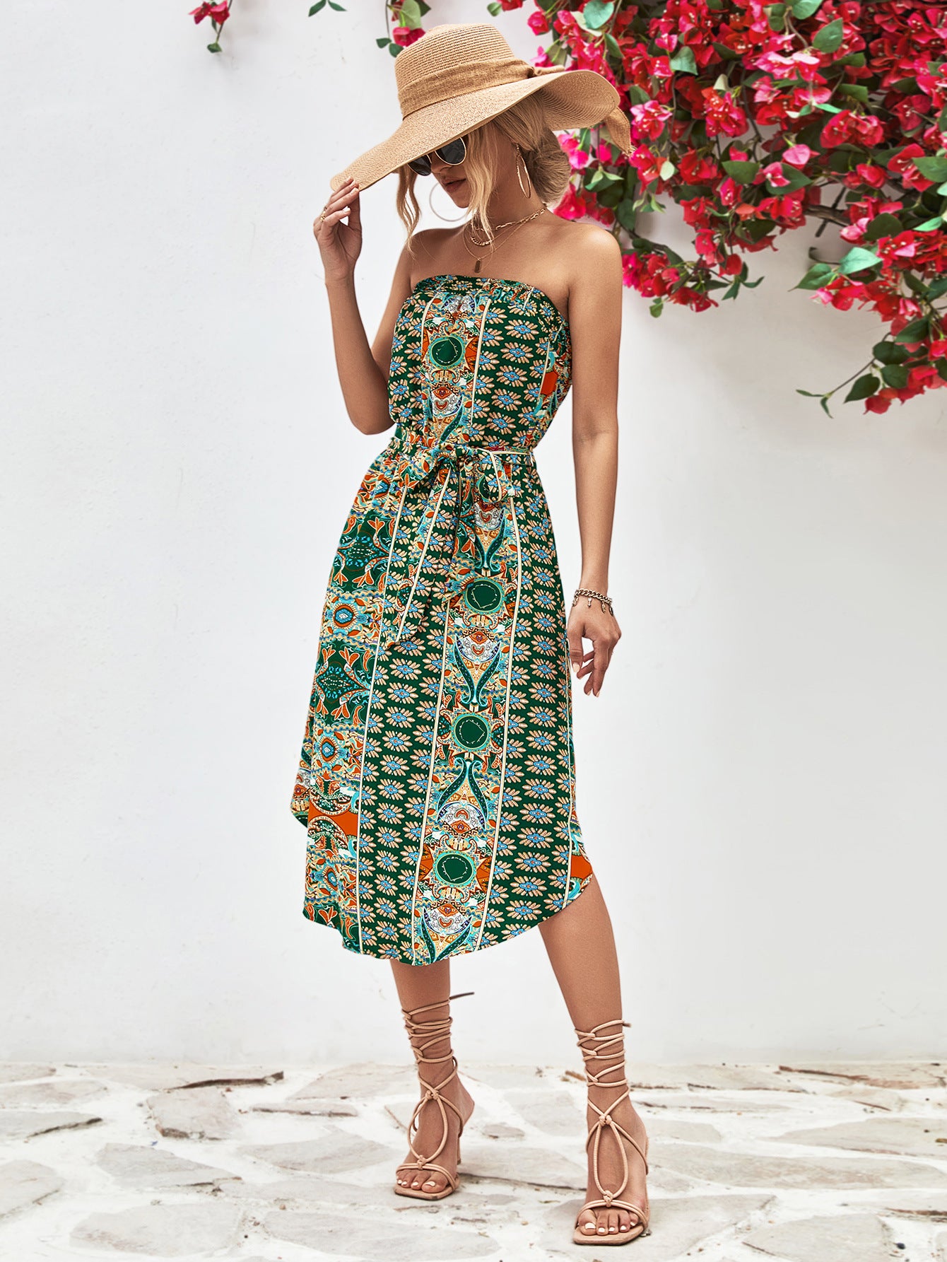 Printed Strapless Tie Belt Dress - Design Studios Direct