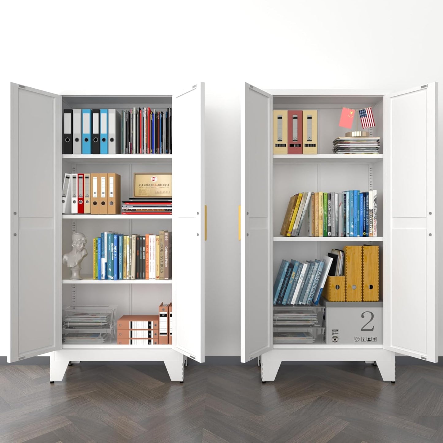 4 Tier Metal Farmhouse Storage Cabinet with 2 Barn Door, 3 Adjustable Shelves and Legs, for Dining Room, Kitchen,Pantry,Bathroom, Living Room, Office (White, 61" Farmhouse)