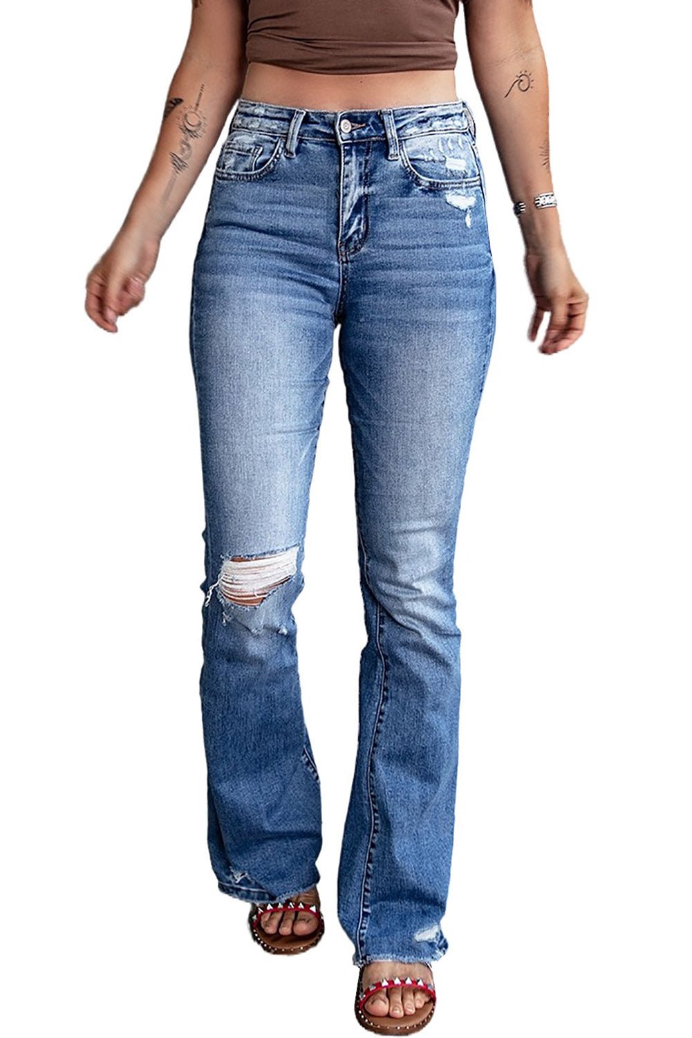 Blue Distressed Flare Jeans - Design Studios Direct