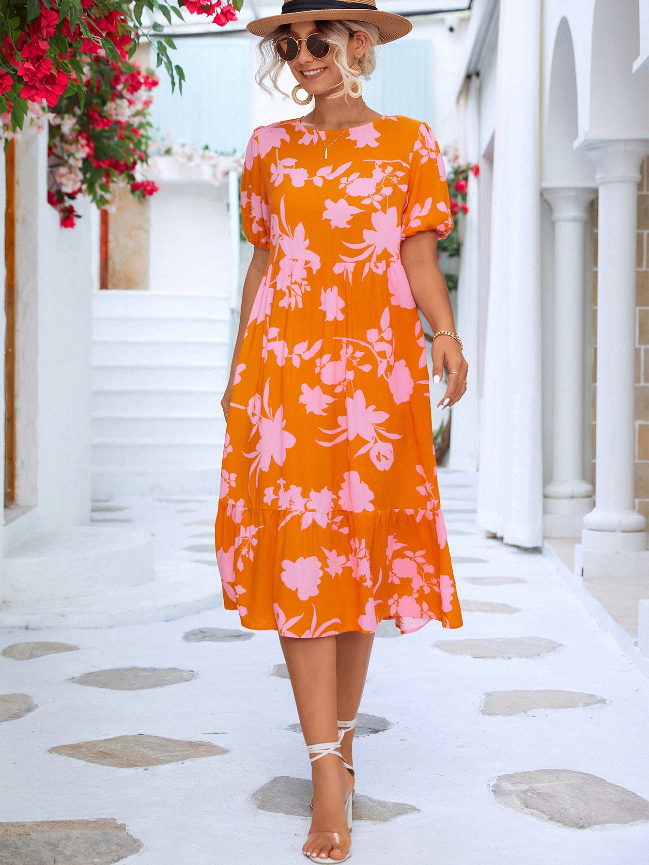 Floral Puff Sleeve Ruffle Hem Midi Dress - Design Studios Direct