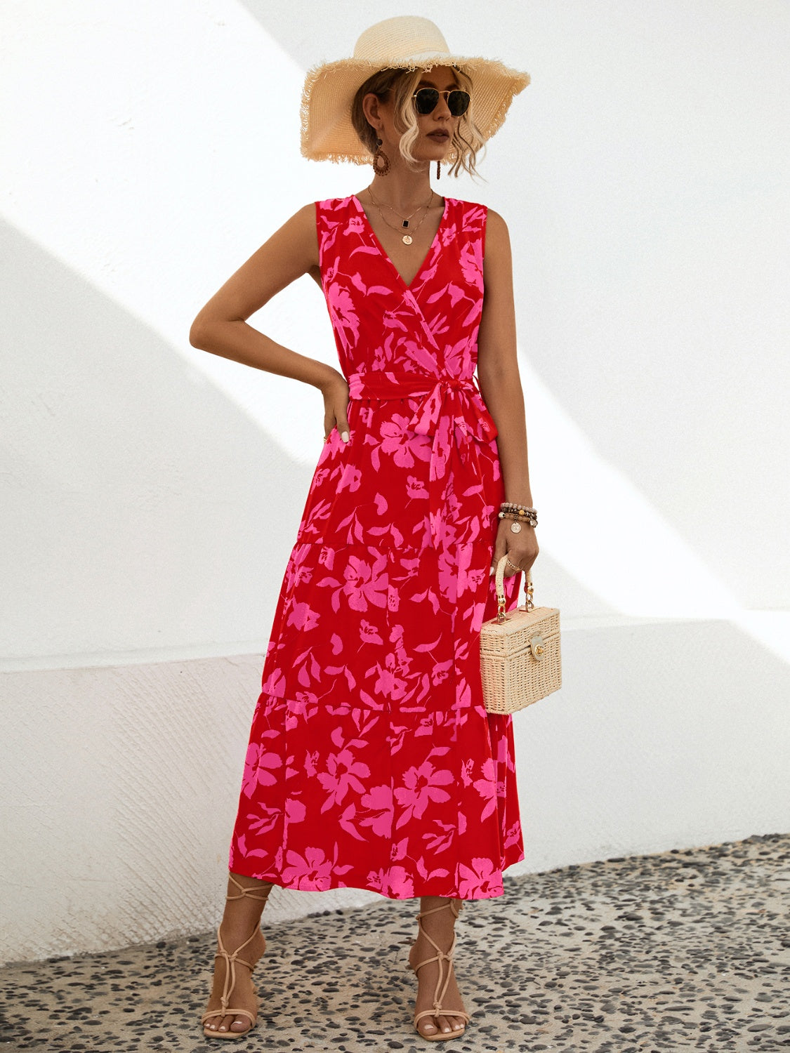 Tied Printed Surplice Tiered Dress - Design Studios Direct