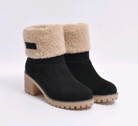 Mid-Tube Suede Snow Boots – Thick Heel for Winter Comfort - Design Studios Direct