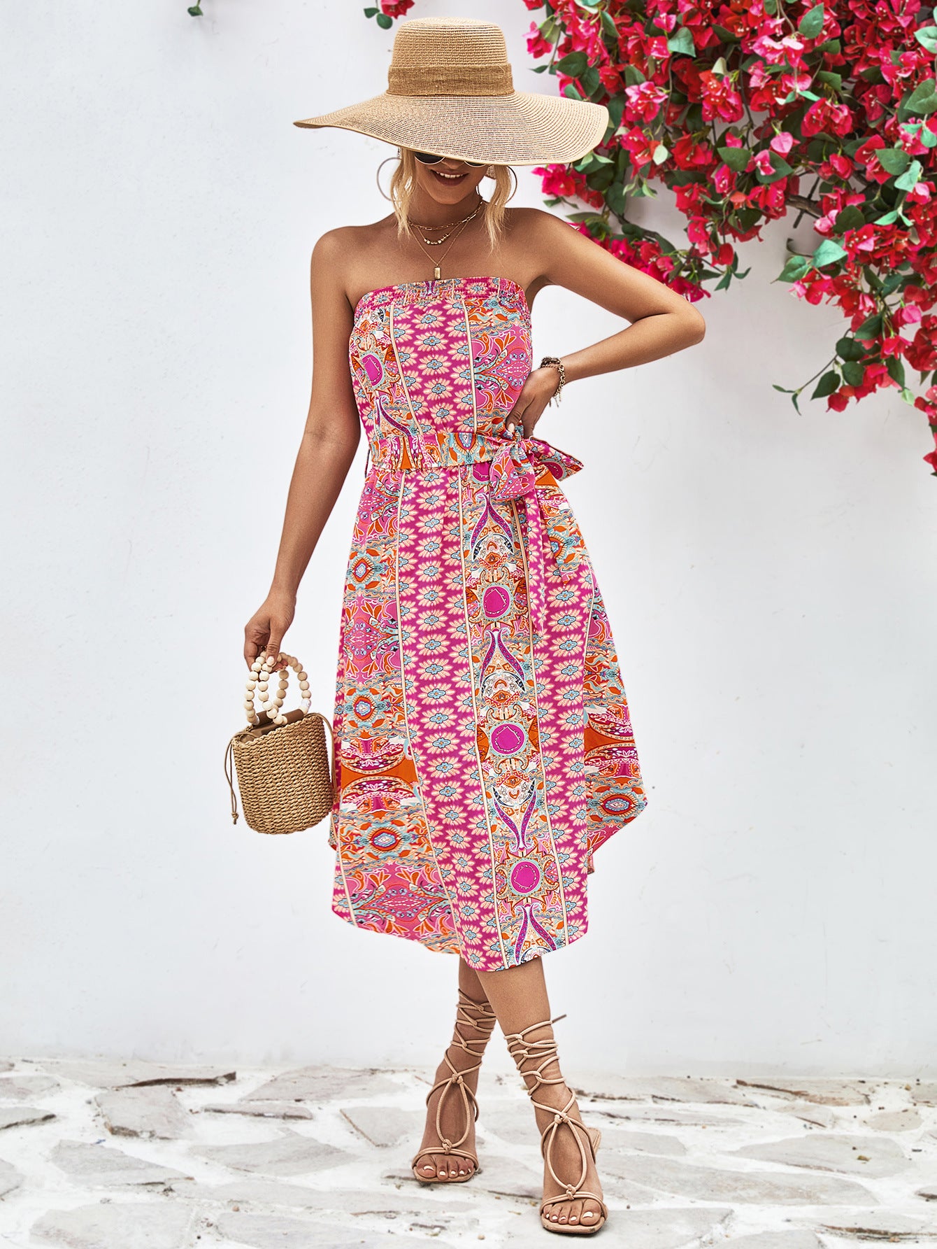 Printed Strapless Tie Belt Dress - Design Studios Direct