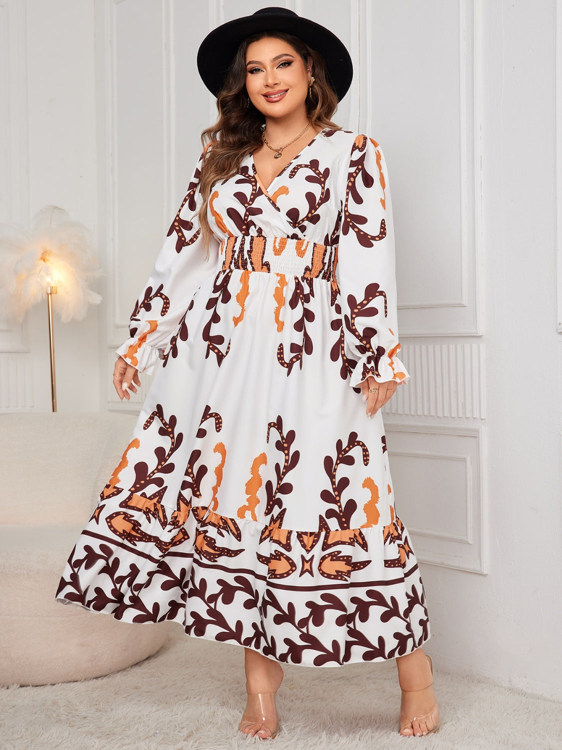 Honey Plus Size Printed Surplice Flounce Sleeve Dress - Design Studios Direct