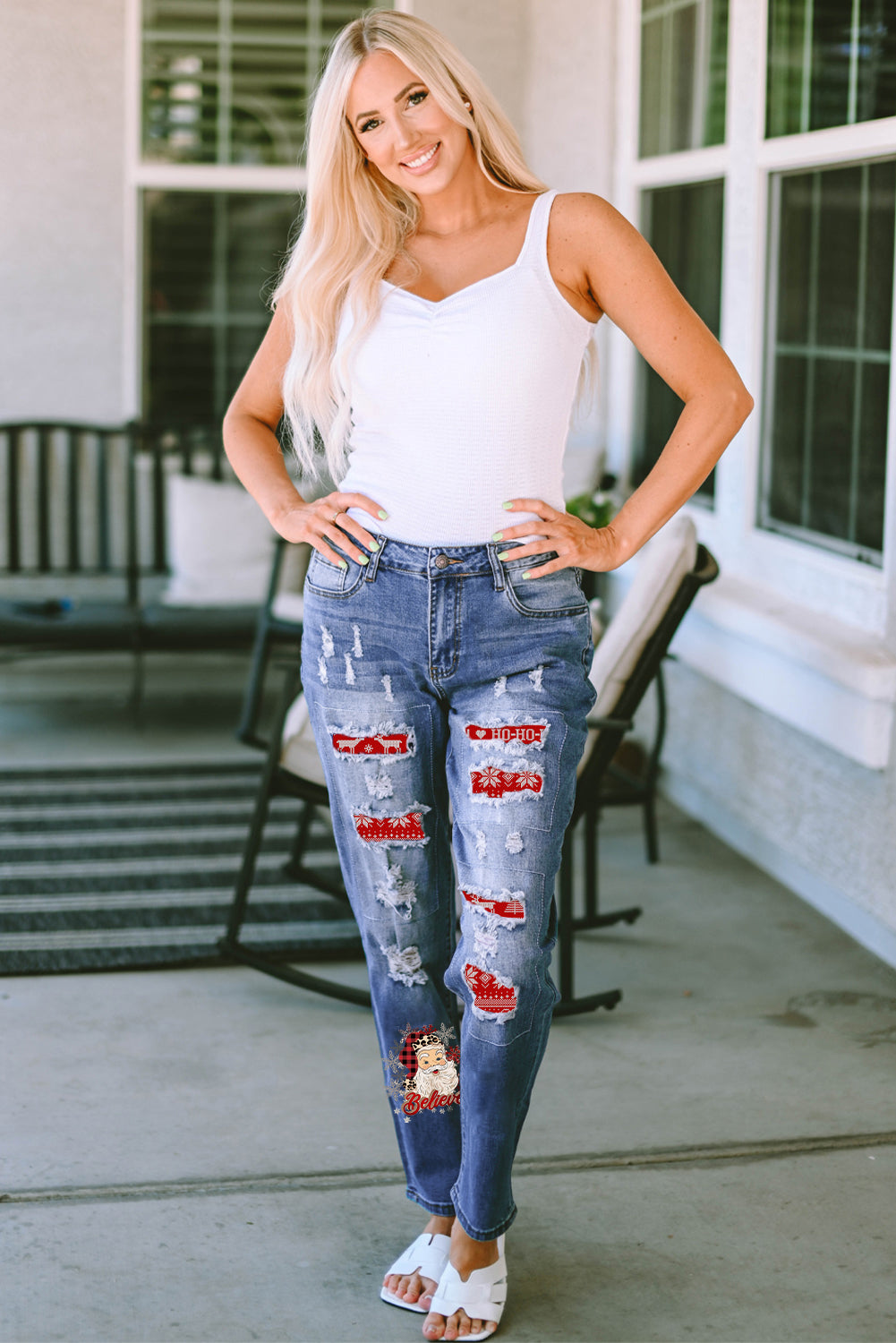 Santa Graphic Distressed Straight Jeans - Design Studios Direct