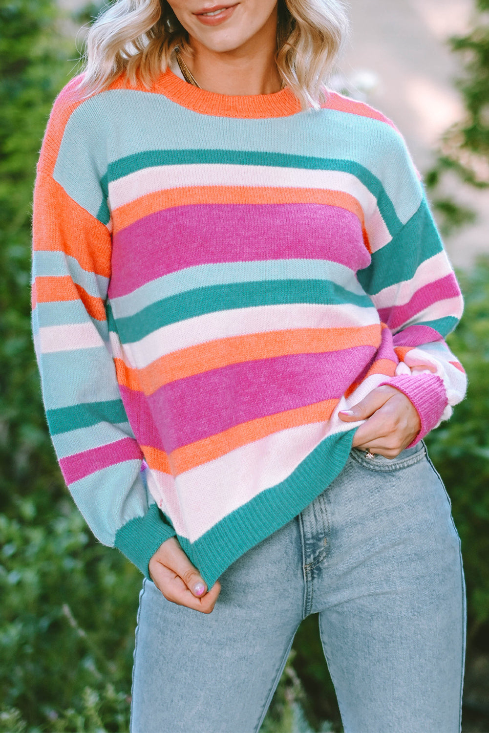 Multicolor Striped Knit Drop Shoulder Puff Sleeve Sweater - Design Studios Direct