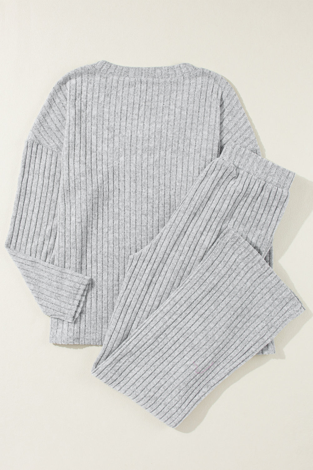 Light Grey Ribbed Knit V Neck Slouchy Two-piece Outfit - Design Studios Direct