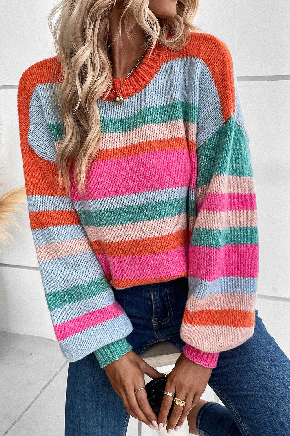 Multicolor Striped Knit Drop Shoulder Puff Sleeve Sweater - Design Studios Direct