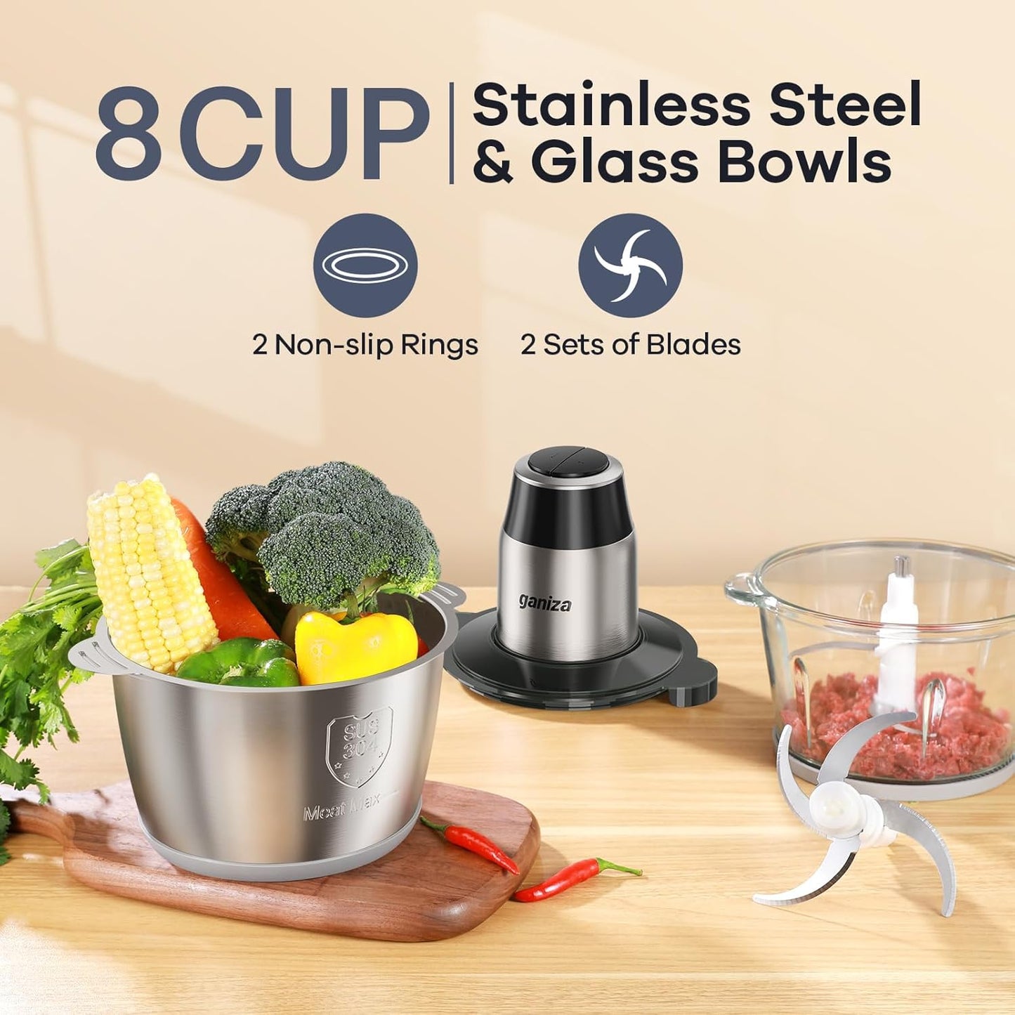 Food Processors, Electric Food Chopper with Meat Grinder & Vegetable Chopper - 2 Bowls (8 Cup+8 Cup) with Powerful 450W Copper Motor - Includes 2 Sets of Bi-Level Blades for Fruits/Meat/Nuts