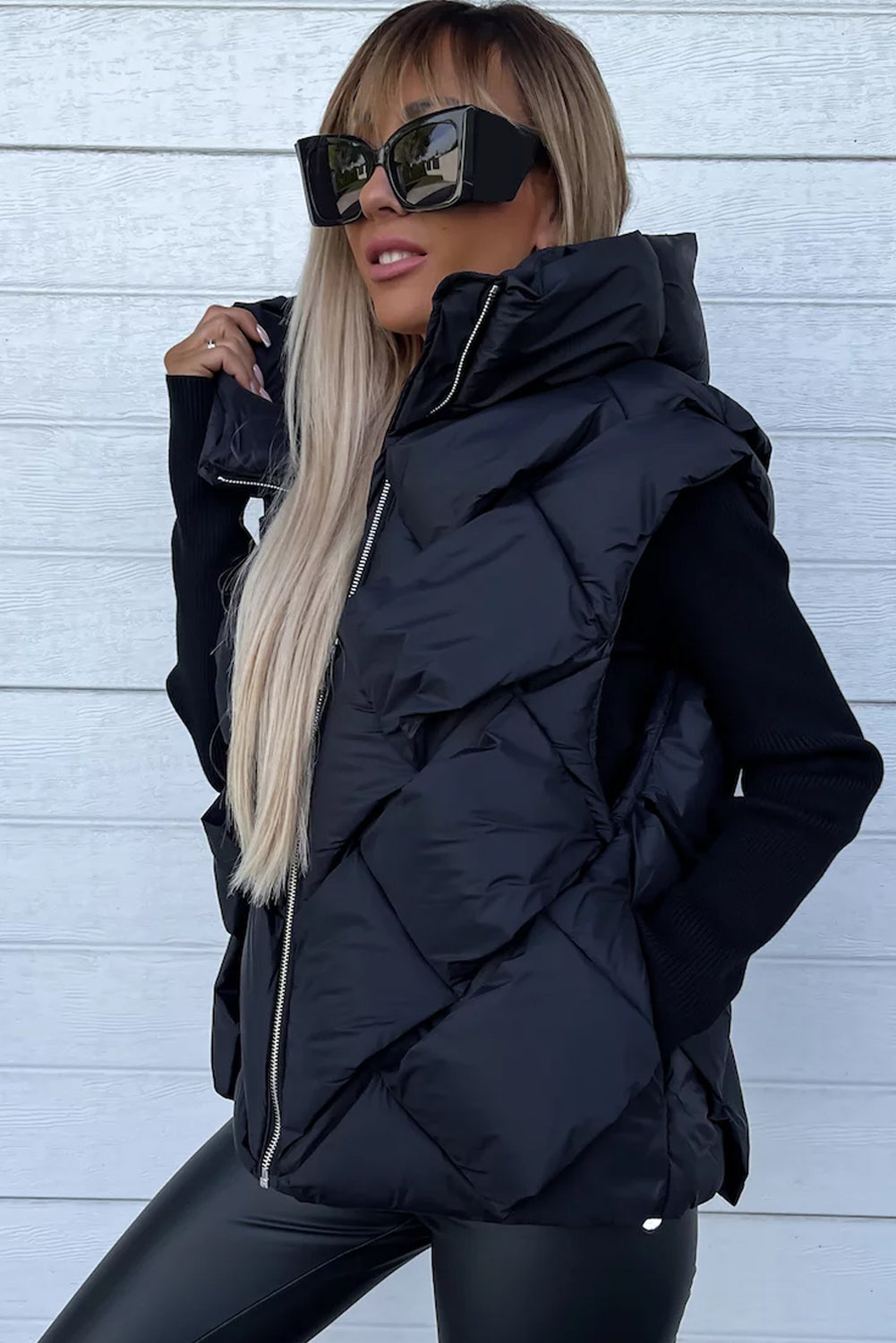 Black Quilted Zipper Front Hooded Vest Coat - Design Studios Direct