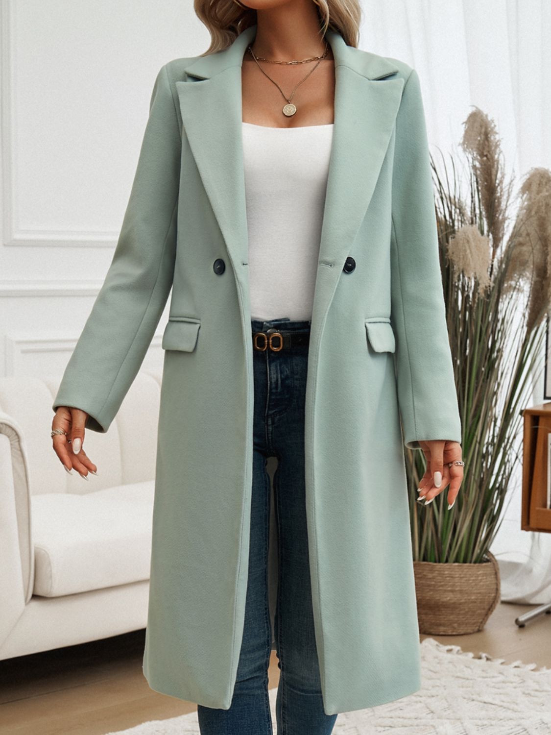 Devine Pocketed Collared Neck Long Sleeve Coat - Design Studios Direct