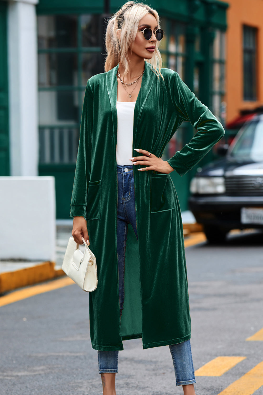 Green Velvet Open Front Pocketed Long Duster - Design Studios Direct